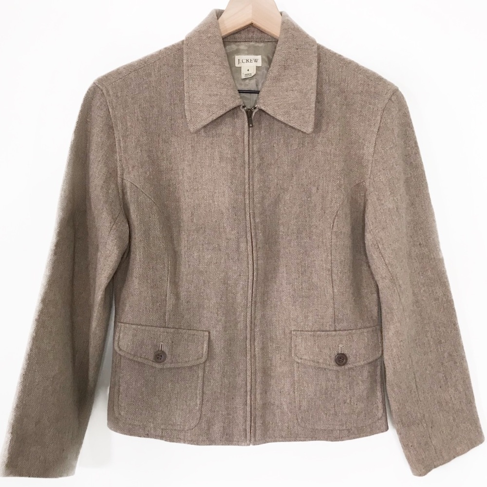 J Crew 100% wool barn style jacket tan zip up size 4